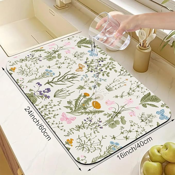 Herb Wild Flowers Butterfly Dish Drying Mats Super Absorbent Dish Drainer Rack Pad Non-Slip Drying Mat for Kitchen Counter, 24"x16"