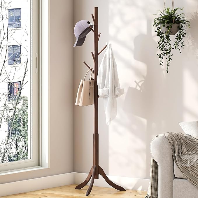 Bamboo Wood Coat Rack Stand, Freestanding Coat Tree with 8 Hooks, Hallway Entryway Hat Hanger Organizer Standing for Bedroom, Office, Clothes, Jackets, Bags, Umbrallas-NeatNest