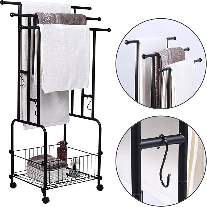 42" Tall Bathroom Towel Rack, Standing Towel Racks, 3 Tier Towel Holder with Storage Basket & 4 Hooks, Indoor Outdoor Freestanding Towel Racks with Anti-Skid Wheels, Pool Towel Blanket Stand