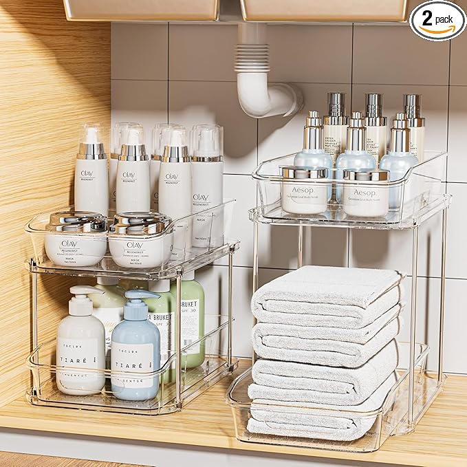 Delamu 2 Sets of 2-Tier Clear Under Sink Organizers and Storage, Multi-Purpose Stackable Bathroom Cabinet organizers, Pull Out Kitchen Pantry Organization and Storage with Dividers-NeatNest