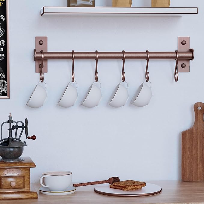 Dseap Kitchen Utensil Holder Hanger, Pot and Pan Rack Wall Mounted, Kitchen Rail with 8 Hooks for Hanging Cooking Utensils, Mugs, Spoons, Wall Mounted, Antique Copper-NeatNest