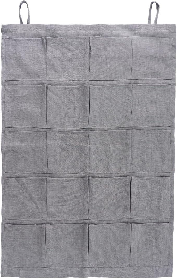100% Linen Hanging Storage Bag with 20 Pockets, Wall Hang Over The Door Closet Organizer for Socks Underpants, Gray