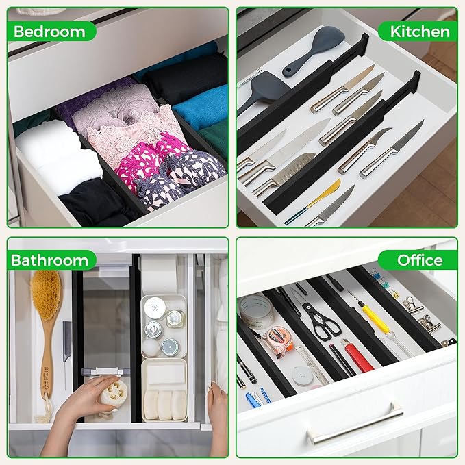 Bamboo Drawer Dividers Organizer with Inserts, Expandable from 12.5-21.7", Adjustable Drawer Organizer Separators for Utensils, Dresser, Bedroom, Bathroom, Closet, Clothing, Office (Black)-NeatNest