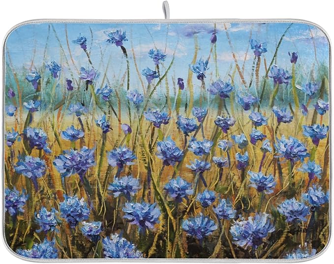 Absorbent Dish Drying Mat for Kitchen Counter - Oil Painting Flowers Microfiber Drying Pad, Reversible Drainer Mats for Countertop, Small 16" x 18"