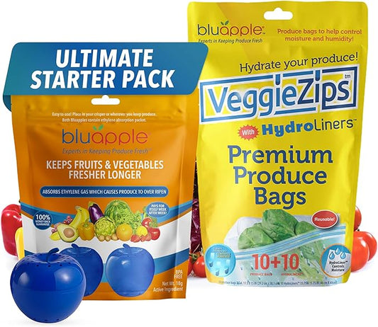 Bluapple Produce Saver Ethylene Gas Absorber & VeggieZips Ultimate Starter Pack Bundle - Fresh Vegetables & Fruits Saver, Produce Storage, Fruits & Veggies Keepers for Refrigerator, Regulates Humidity-NeatNest