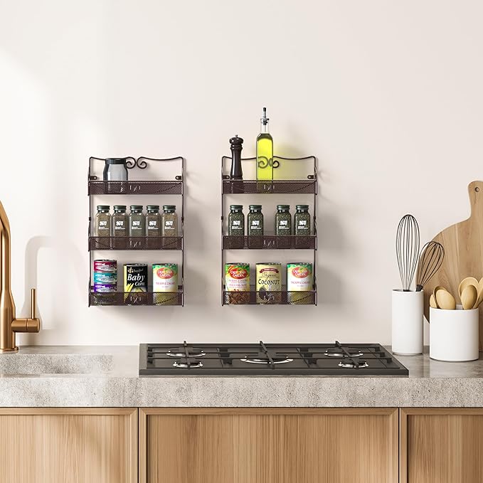 Deco Brothers 3 Tier Wall Mounted Spice Rack, 2 Pack, Bronze-NeatNest