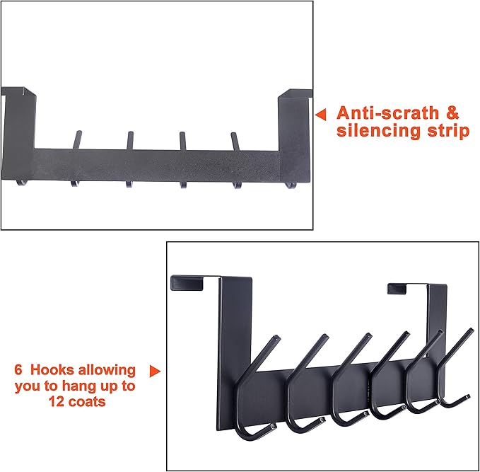 SKOLOO Over The Door Hook - Black, No Assembly Required, Stainless Steel, Door Coat Rack for Entryway, Over Door Towel Hooks for Bathroom, Coat Hooks for Hanging Coats, Backpack, Jacket, Robes