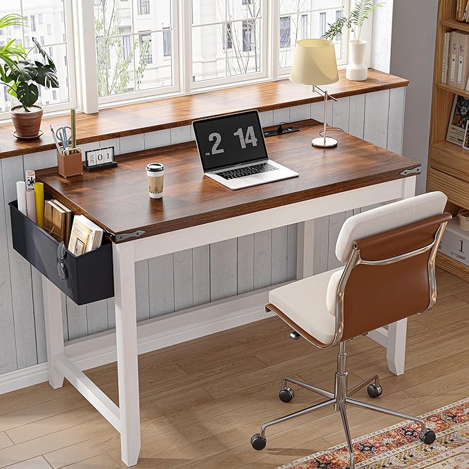 EnHomee 32 Inch Small Desk with Detachable Storage Bag, Modern Simple Computer Desk with Power Outlet, Study Writing Table for Small Spaces, Study Desks for Bedroom, Brown & White-NeatNest