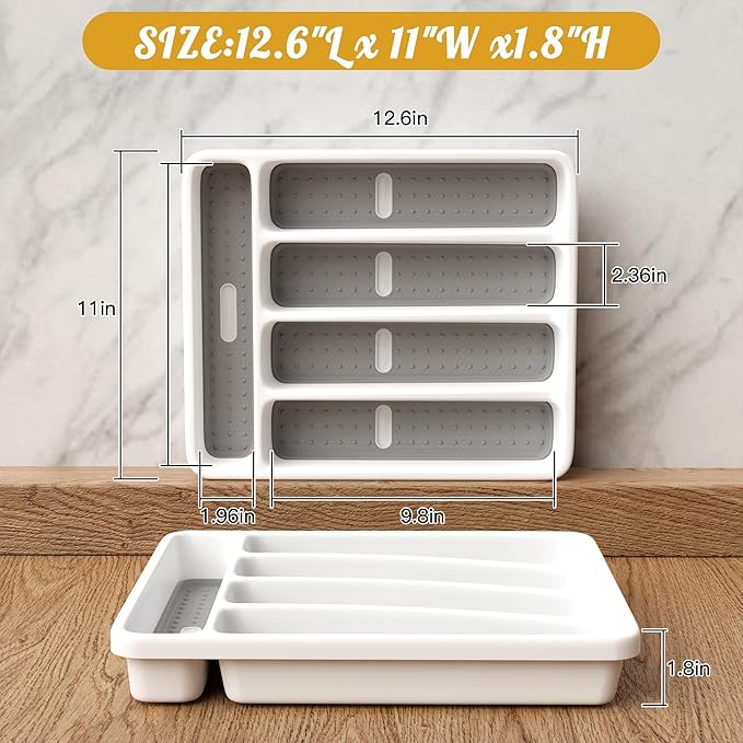 5-Slot Utensil Drawer Organizer for Silverware & Cutlery | Large Plastic Utensil Holder with Non-Slip Design, Silverware Drawer Organizer, BPA-Free (White)-NeatNest