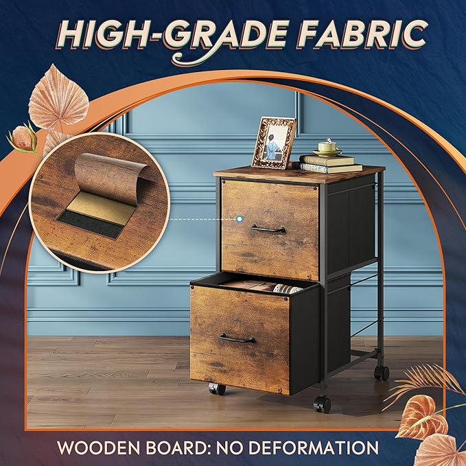 DEVAISE 2 Drawer Mobile File Cabinet, Rolling Printer Stand, Fabric Vertical Filing Cabinet fits A4 or Letter Size for Home Office, Rustic Brown Wood Grain Print-NeatNest