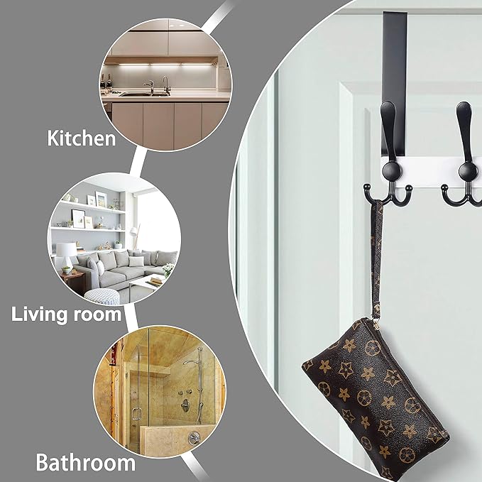 Dseap Over The Door Hook Hanger - 5 Tri Hooks, Heavy Duty Over The Door Towel Rack Coat Rack for Clothes Hat Towel, White & Black, 2 Packs