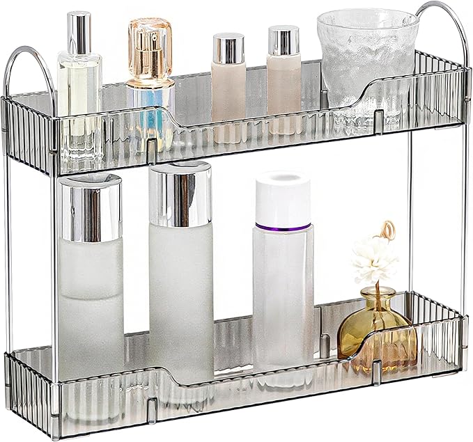 YCIA&DONE 2 Tiers Narrow Vanity Makeup Organizer, Bathroom Organizers Countertop Slim, Perfume Holder Skincare Storage Cosmetic Shelf Spice Rack, for Small Desktop Counter Space, Smoky Gray-NeatNest