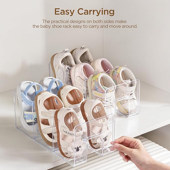 Widened 4.17 Inch Clear Acrylic Kids Shoe Rack for Closet Organizers and Storage 4 Pack, 3 Sections Small Toddler Baby Shoe Storage Organizer Shelf, Desk File Sorter Book Purse Organizer-NeatNest