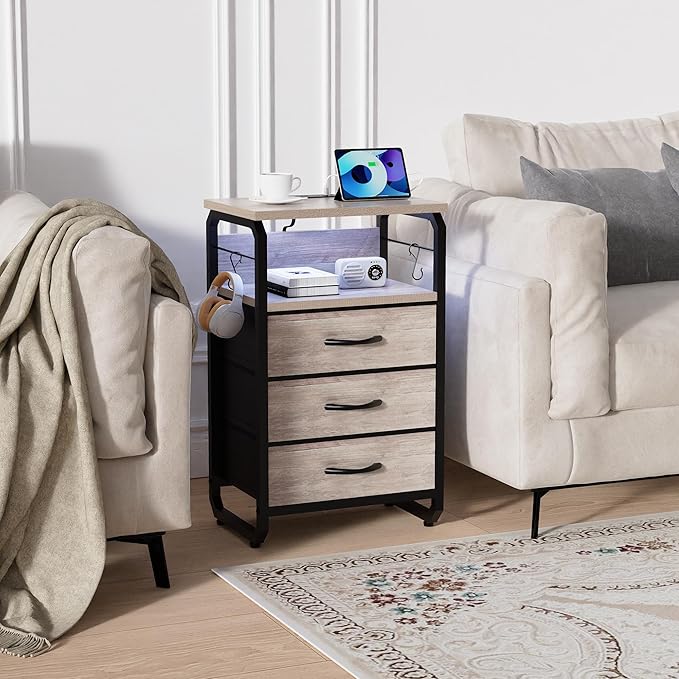 Tall Nightstand Set of 2 with Charging Station, Bed Side Tables Bedroom Set of 2, LED Night Stand Set 2, Bedside Table with Drawers, Night End Table with Storage for Bedroom, Dorm Greige