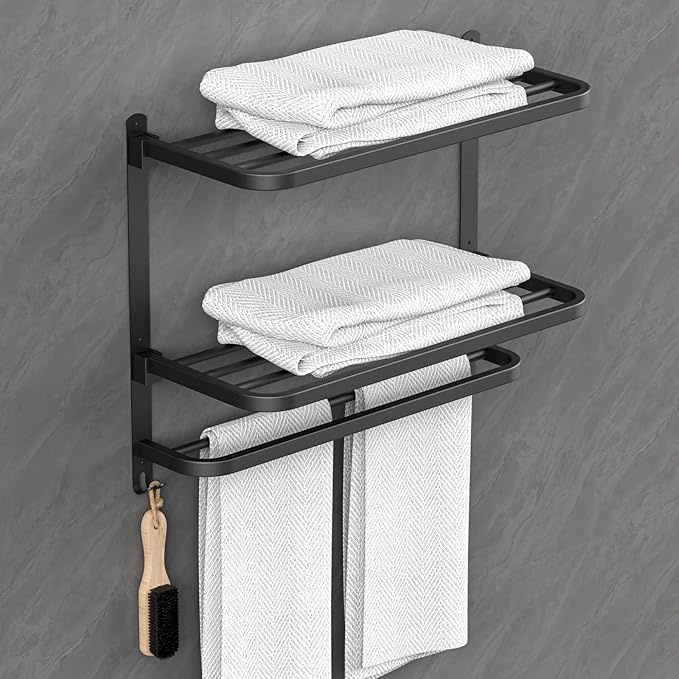 22.8Inch Towel Rack for Bathroom and Lavatory Towel Hanger with Wall Mount Towel Bars 304 Stainless Steel No Drill (Collapsible Black Towel Rack)
