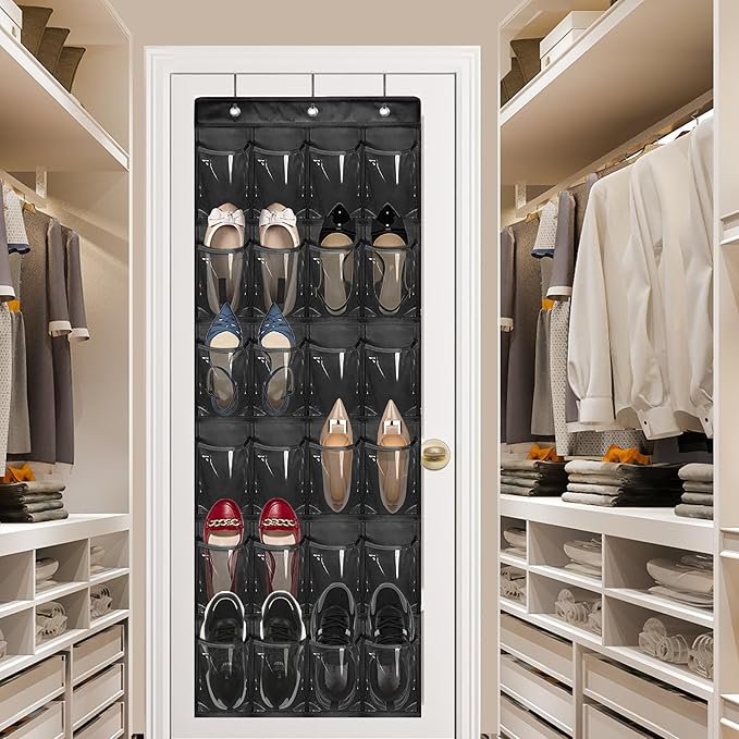 Over The Door Shoe Organizer - Space Saving Shoe Rack for Closet Door with 24 Pockets and Hook, Shoe Holder Back of Door Organizers for Shoes, Hanging Shoe Organizer (Black)-NeatNest
