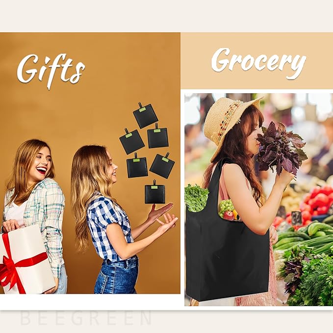 BeeGreen Black Tote Bag Shopping Bags for Groceries & Reusable Grocery Bag Heavy Duty, Large Tote Bag for Women, Foldable 6 Pack Gift Bags With Handles, Cute Cloth Washable for Holiday Travel & Bulk-NeatNest