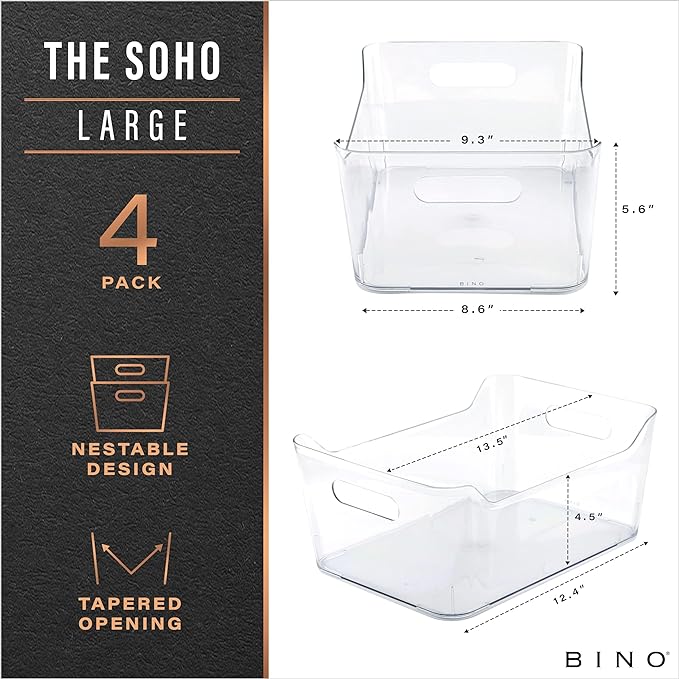BINO | Plastic Organizer Bins, Large - 4 Pack | The SOHO Collection | Multi-Use | Pantry & Freezer Organizer Bins | Plastic Storage Containers for Home & Kitchen Org-NeatNest