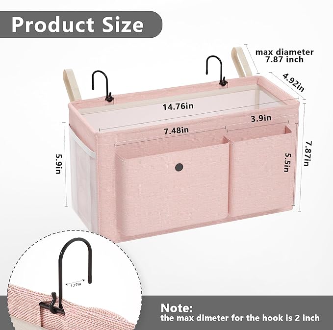 Bedside Caddy Bedside Organizer with Fixed Straps & Water Bottle Holder, Bunk Bed Caddy ideal for Home, Dorm, Hospital, Crib, Versatile Bedside Storage Solution (Pink)-NeatNest