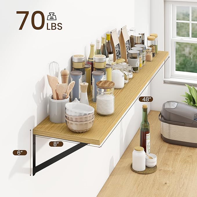 Fun Memories Deep Floating Shelves for Wall, 48W x 8D Wall Mounted Shelves Set of 2, Wide Display Ledge Shelf with Sturdy Metal Brackets for Living Room, Bathroom, Bedroom and Kitchen, Oak-NeatNest