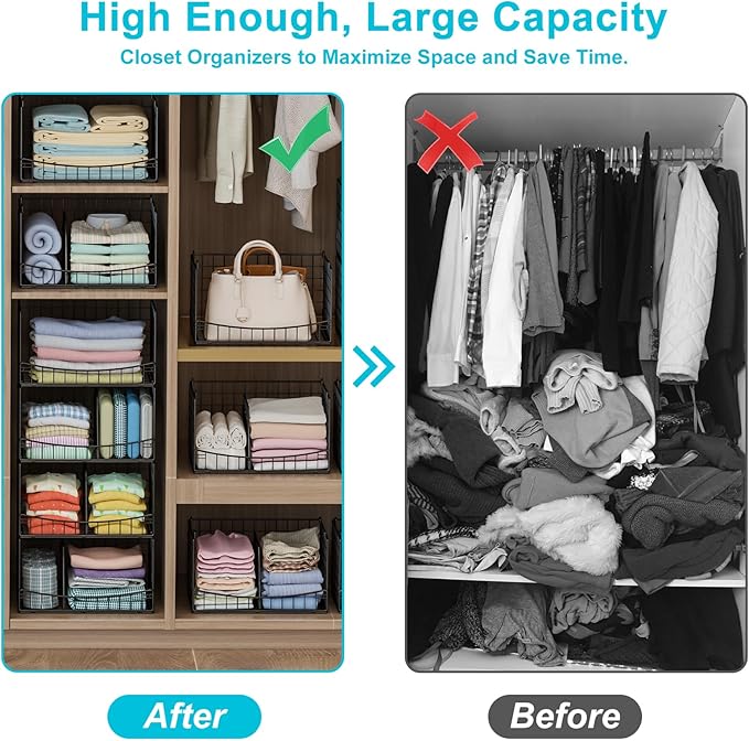 4-Tier Closet Organizers and Storage Shelves with Divider, Stackable Closet Shelf Organizer Basket Bins, Clothing Sweaters Storage Container for Wardrobe Cupboard, Black