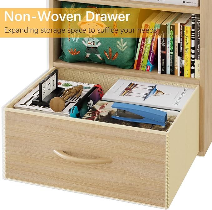 Garden 4 you Cube Storage Organizer Shelf, 3 Tiers Stackable Bookshelf with Drawer, Wooden Display Bookcase with 3 Cube Storage, Small Storage Cabinet for Living Room Bedroom, Natural-NeatNest