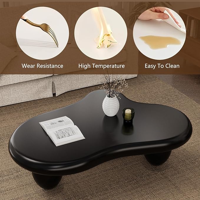Black Cloud Shaped Coffee Table Modern Cloud Coffee Table for Living Room Irregular Cute Center Table with Thicken Round Edge and 3 Legs Low Coffee Table for Bedroom,Cloud c Black 39.4"-NeatNest