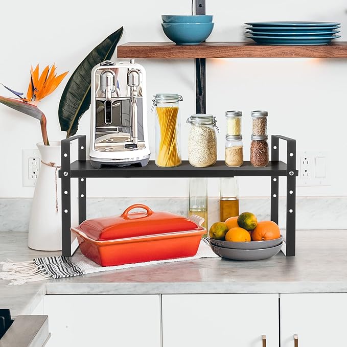 Expandable Cabinet Shelf Organizer Rack, Stackable Kitchen Counter Storage Shelves Stand, Adjustable Height Pantry Shelf Spice Rack (Black, 1 Pack)-NeatNest