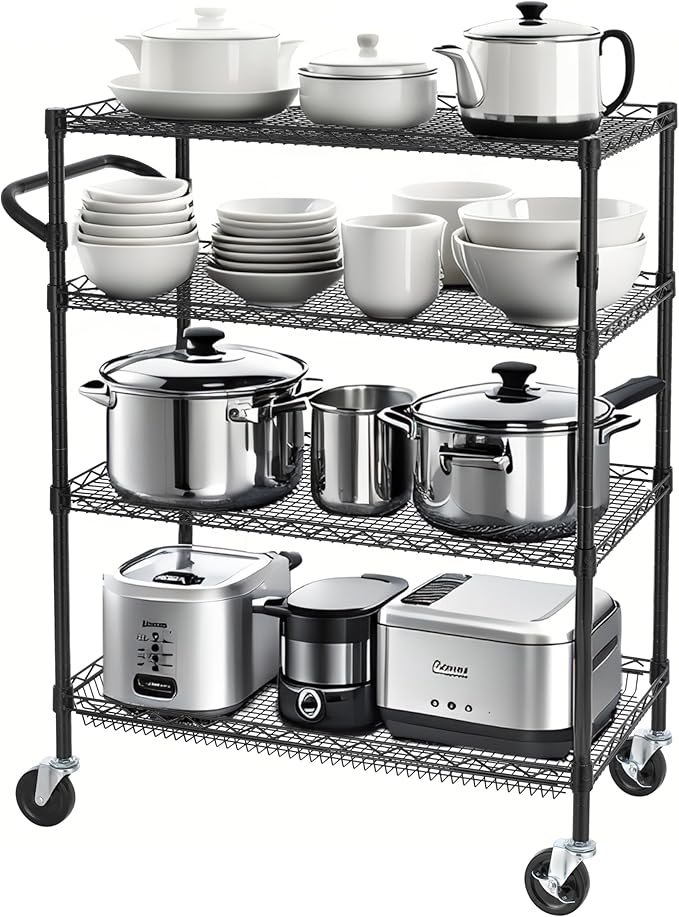 Finnhomy 4 Tier Heavy Duty Commercial Grade Rolling Cart with Handle Bar, Metal Wire Utility Cart with Wheels, Service Trolley on Wheels, Shelf Size 18" D x 36" W, NSF, Black
