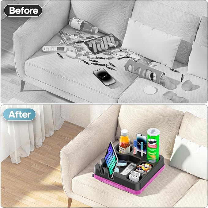 Couch Cup Holder Tray Couch Cup Holder Pillow Bed Tray Snack Sofa Bed Caddy Organizer Beach Sofa Drink Holder Anti-Spill Portable Snack Caddy Couch Remote Holder for Phone Pad Kindle Beverage Purple-NeatNest