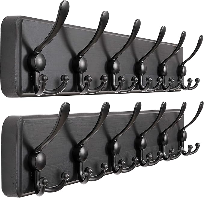 Dseap Coat Rack Wall Mounted - 24" Long 6 Tri Hooks, Heavy Duty Wooden Wall Coat Hanger Coat Hook for Clothes Hat Jacket Clothing, Black, Pack of 2