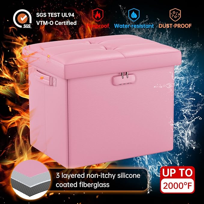 DocSafe Storage Ottoman Foot Rest Stool with Lock & Handles, Fireproof Folding Leather Footstool Bench with Storage Safe for Living Room Bedroom, Home Office, Dorm, 17x13x13in, Pink-NeatNest