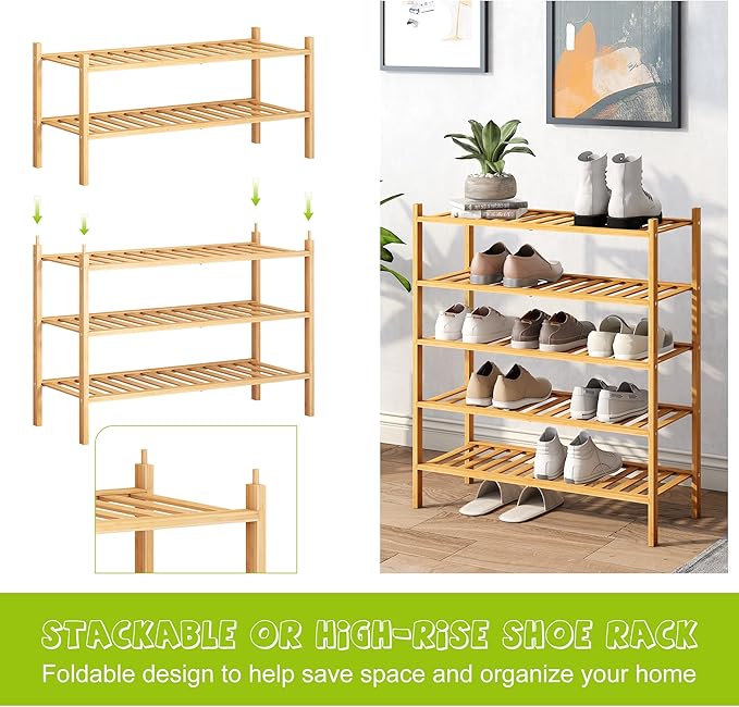 BMOSU 5-Tier Bamboo Shoe Rack Premium Stackable Shoe Shelf Storage Organizer for Hallway Closet Living Room Entryway Organizer (Natural Bamboo)-NeatNest