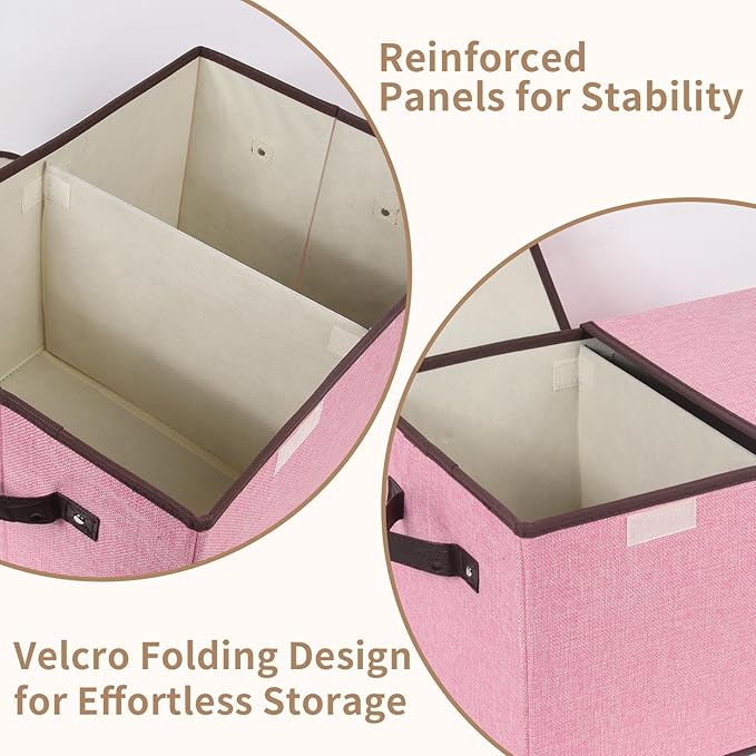 Foldable Fabric Storage Box with Double-Lid & Dividers, Large Organizer for Home, Closet, Office (Pink, 2 Packs)