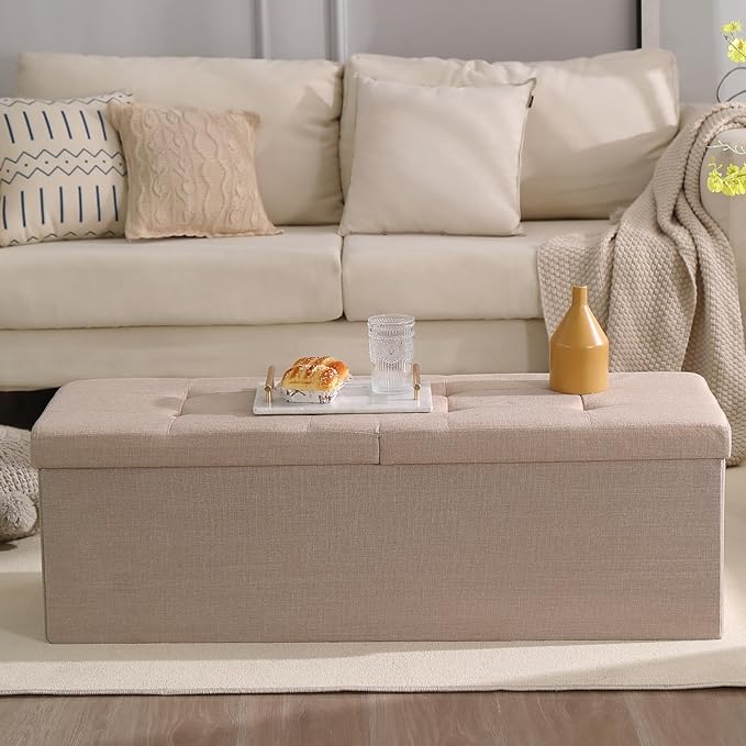 CUYOCA 45.3 Inches Storage Ottoman Bench Foldable Seat Footrest Shoe Bench End of Bed Storage with Flipping Lid, 166L Storage Space, Linen Fabric Sandy Beige-NeatNest