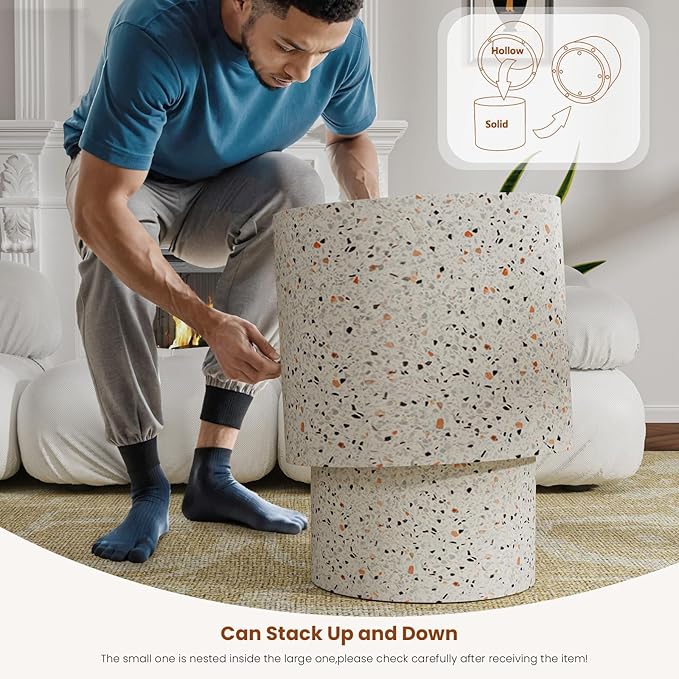 Round Nesting Coffee Table Set of 2 Circle Nested Coffee Tables Modern Terrazzo Coffee Table Set of 2 Wooden Drum End Side Tables for Living Room Bedroom Small Spaces (terrazzo)