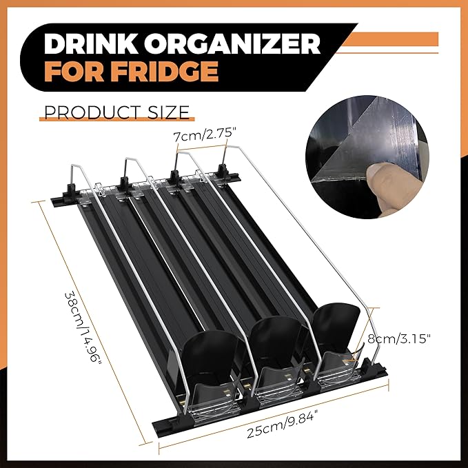 3 Rows Drink Organizer for Fridge, 15'' Soda Can Dispenser for Refrigerator with Pusher Glide, Width Adjustable Fridge Can Organization Hold Up to 25 Cans (Black)