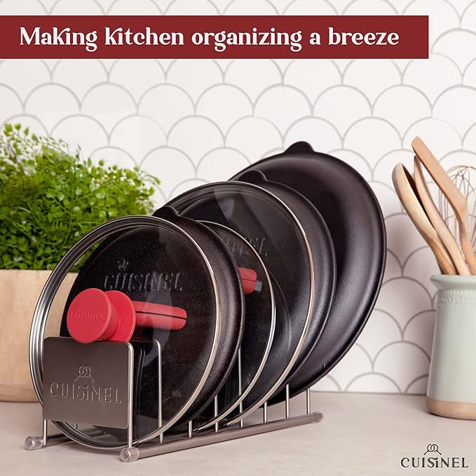Cuisinel Lid and Dish Organizer Rack - 2-Pack Satin Nickel Kitchen Storage Organization Stand - Plate Holder, Pan/Pot Covers, Cutting Board and Cookie Sheet Divider - 7-Tier Cabinet/Counter Display-NeatNest