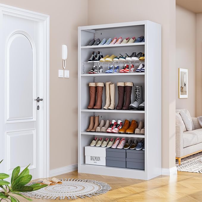 Shoe Cabinet,5 Tiers Heavy Duty Metal Freestanding Shoe Rack,55" Tall Shoe Cabinet with Open Storage for Entryway (White, 5 Tier-55 H*27.6" W*11.8" D)-NeatNest