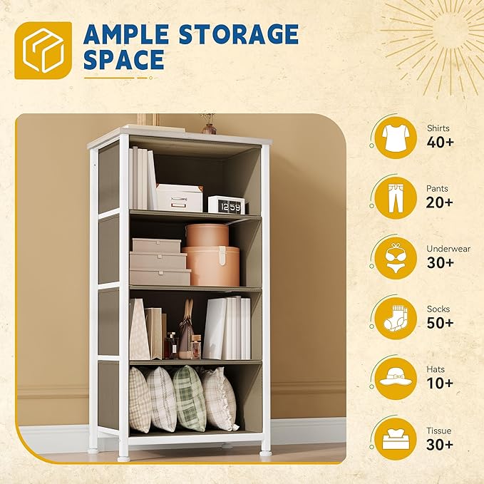 DWVO Dresser with 4 Drawers - Fabric Storage Tower, Organizer Unit for Room, Hallway, Hallway, Closets - Sturdy Steel Frame, Wooden Top & Easy Pull Fabric Bins (Oak Greige)-NeatNest