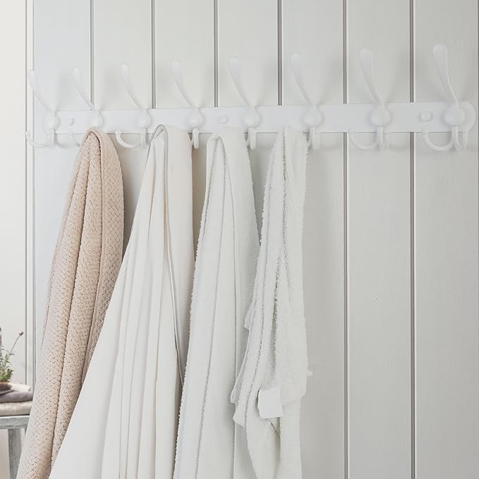 Dseap Coat Rack Wall Mount - 29.5” Long 8-Tri-Hooks Heavy Duty Coat Hanger Rail Wall Hooks for Hanging Coats Hats Clothing Clothes Purse Mudroom Entryway, White, Pack of 2-NeatNest