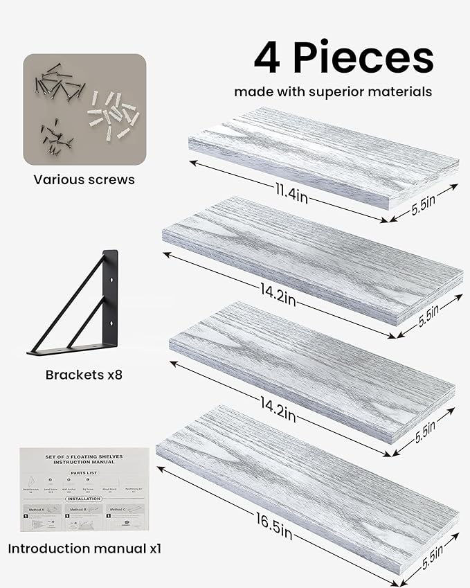 BAYKA Wall Shelves for Bedroom Decor, Floating Wall Shelves for Living Room Kitchen Storage, Wall Mounted Rustic Wood Floating Shelves for Kids Books, Corner Shelf for Bathroom(Gray White,Set of 4)-NeatNest