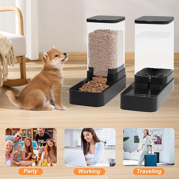 Automatic Cat Feeder and Water Dispenser in Set with Pet Food Bowl,Gravity Dog Waterer and Food Feeder for Small Medium Dog Cat Puppy Kitten Large Capacity(3.8L,Black)-NeatNest