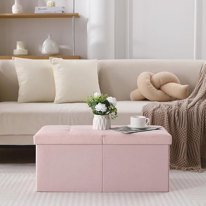 CUYOCA Storage Ottoman Bench Foldable Seat Footrest Shoe Bench End of Bed Storage with Flipping Lid, 75L Storage Space, 30 inches Linen Fabric Pink, OT026PK-NeatNest