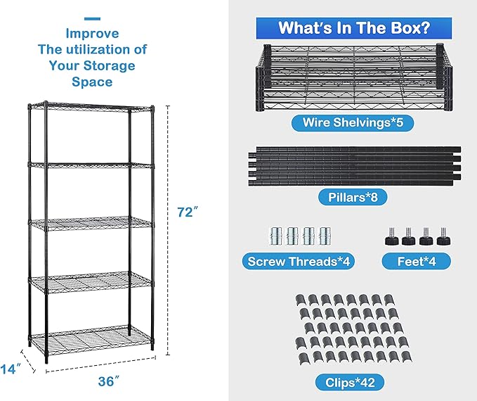 5-Tier Metal Wire Shelving Unit Snack Shelf Height Adjustable Storage Rack NSF Certified Storage Shelves 1250 Lbs Capacity Standing Utility Shelf for Laundry Kitchen Pantry Garage Organization