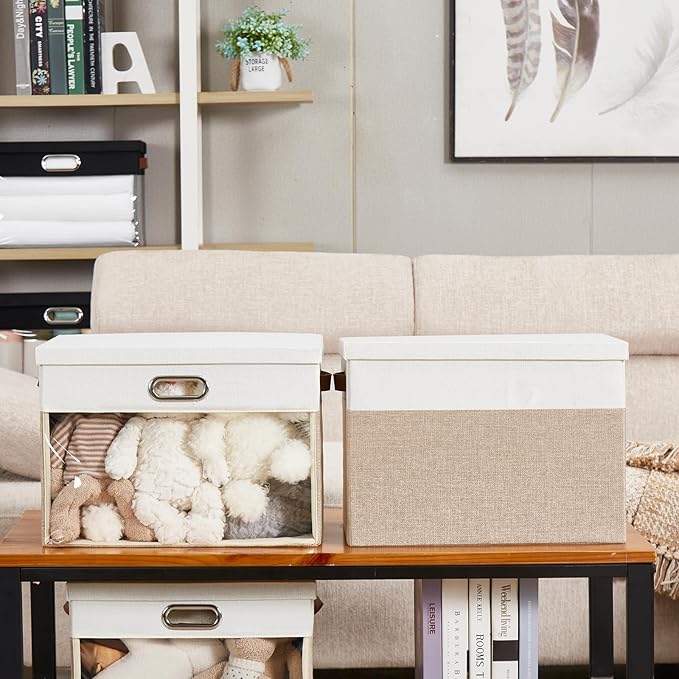 Fabric Clear Window Storage Bins with Lid, Closet Storage Box Linen Closet Baskets with 3 Handles for Organizing Clothing, Jeans, Shelves 17''- 3 Pack (Beige and White)