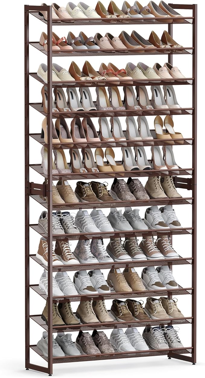SONGMICS Shoe Rack, 12-Tier Shoe Organizer, Metal Rack for Garage, Set of 2, 6-Tier Stackable Shelf, with Adjustable Flat or Angled Shelves, Holds 48-60 Pairs, Bronze ULMR12A-NeatNest