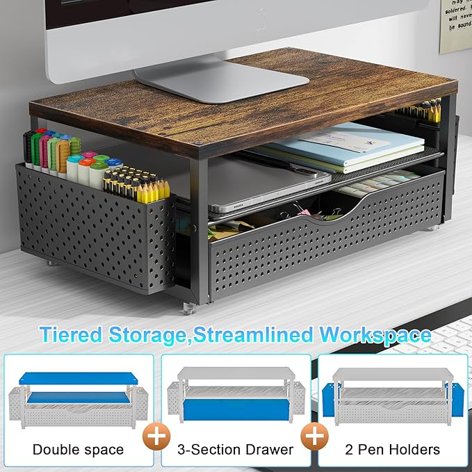 gianotter Wood Monitor Stand Riser, Office Desk Shelf Organizer, Desk Organizer with Drawer and Pen Holder, 2-Tier Computer Stand, Office Organization (Wood)-NeatNest