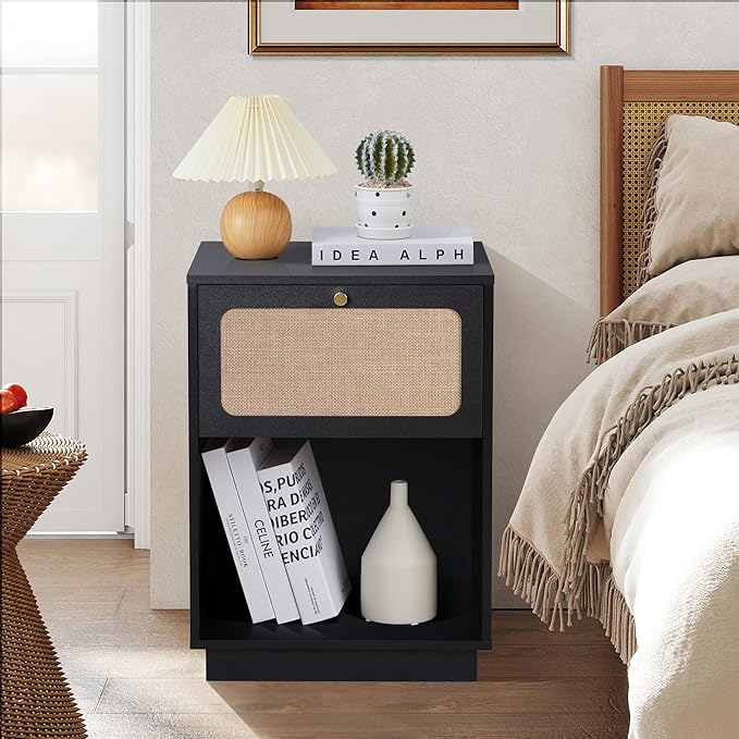 Mid Century Night Stand with Drawer, Farmhouse End Table with Storage & Curved Linen Panel, Modern Nightstands Bedside Table Small Side Tables for Small Space, Bedroom (Black)