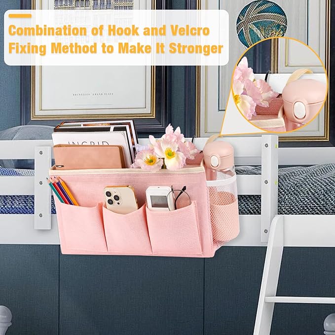 Bedside Caddy Bedside Organizer Bedside Storage Caddy with Fixed Straps and Water Bottle Holder for Home College Dorm Bunk Bed Hospital Bed Crib Bed Rails (2pcs Pink)-NeatNest